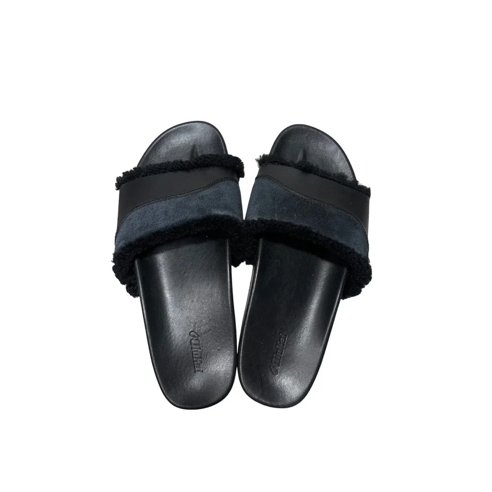 OluKai Hō'ala Leather Slide Sandals Black Leather Wool Shearling US W9 EUR 39 - Picture 1 of 5